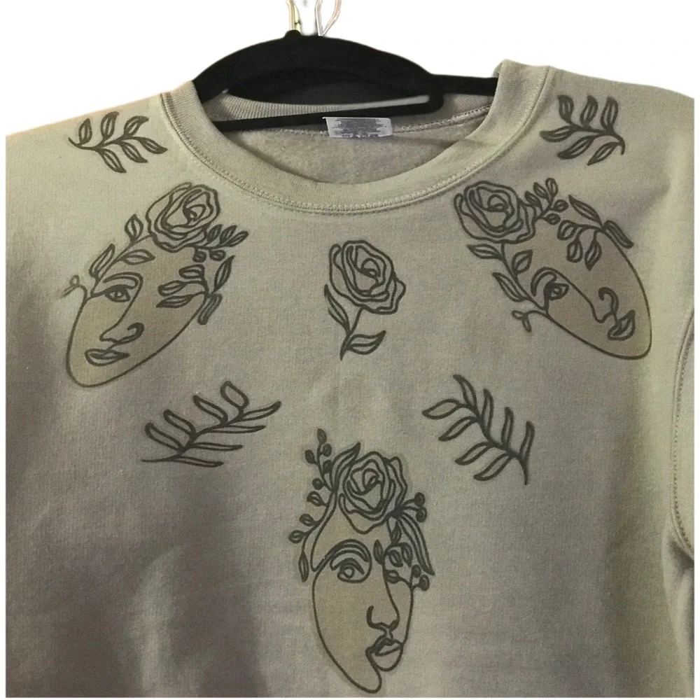 Custom womens Line Drawn Face Expression Retro Style Mocha brown sweatshirt - Picture 2 of 3